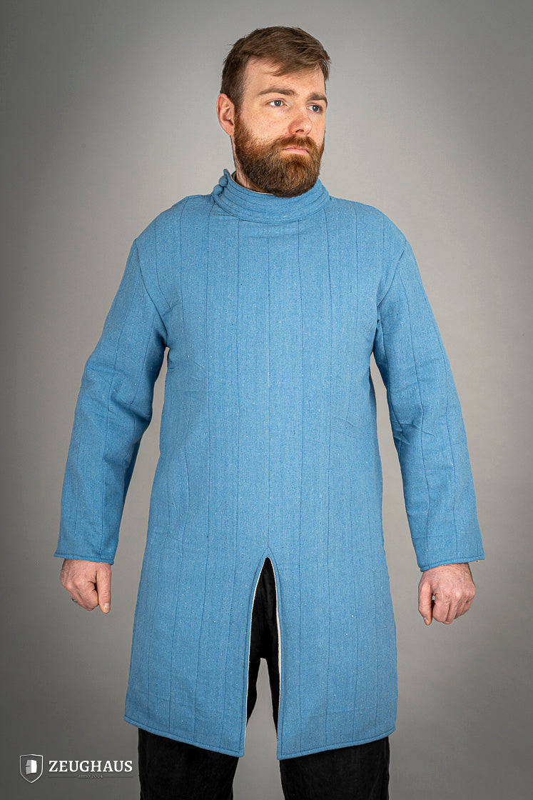 Infantry Gambeson Blue featuring neck button closure and slits for mobility, made of 100% cotton with linen pattern.