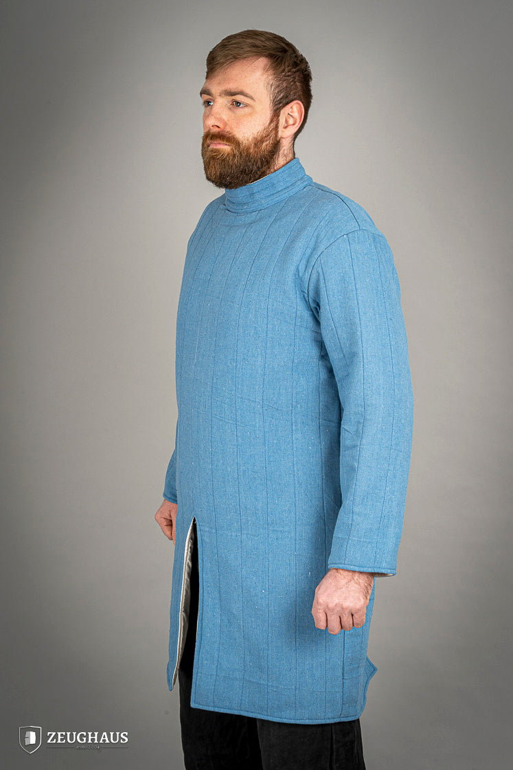 Infantry Gambeson Blue featuring neck button closure and slits for mobility, made of 100% cotton with linen pattern.