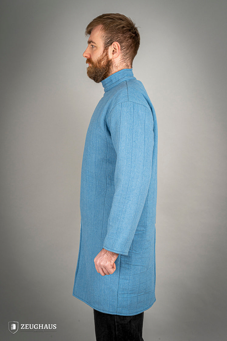 Infantry Gambeson Blue featuring neck button closure and slits for mobility, made of 100% cotton with linen pattern.