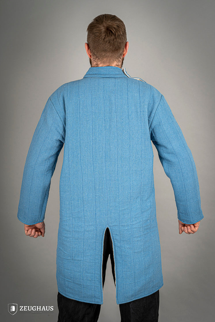 Infantry Gambeson Blue featuring neck button closure and slits for mobility, made of 100% cotton with linen pattern.