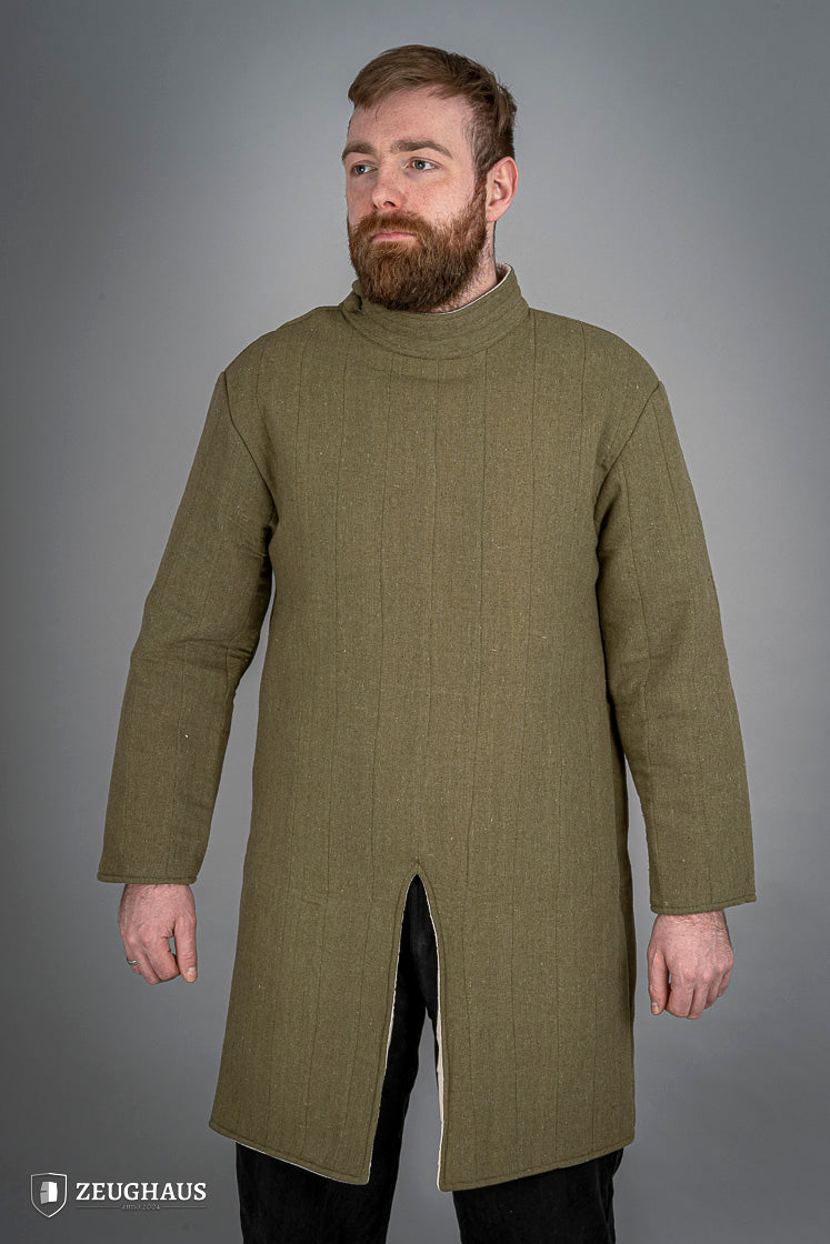 Infantry Gambeson Green featuring neck button closure and slits for mobility, made of 100% cotton with linen pattern.