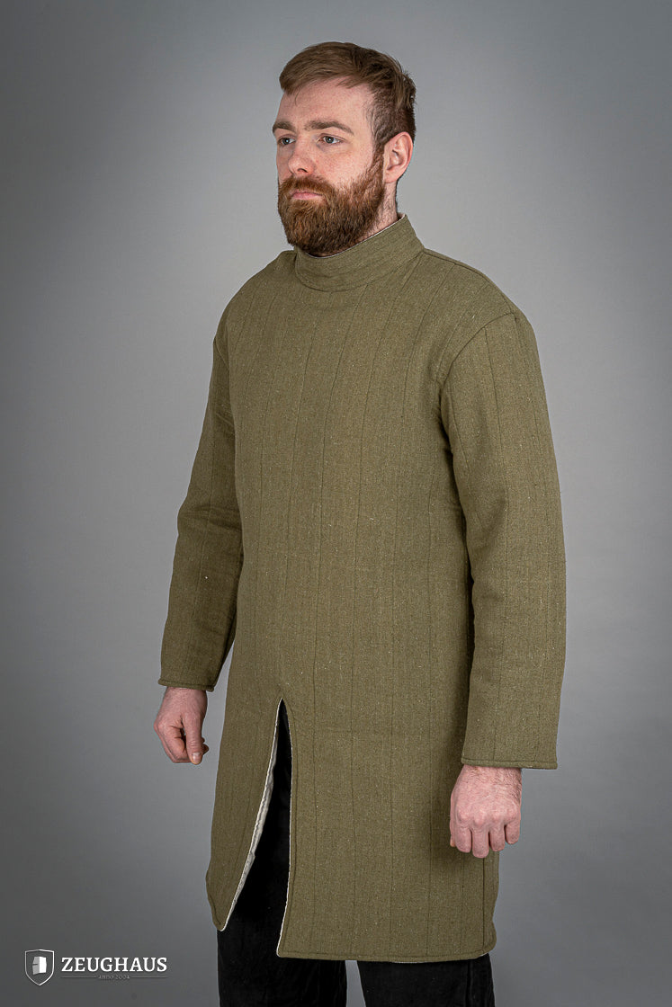 Infantry Gambeson Green featuring neck button closure and slits for mobility, made of 100% cotton with linen pattern.