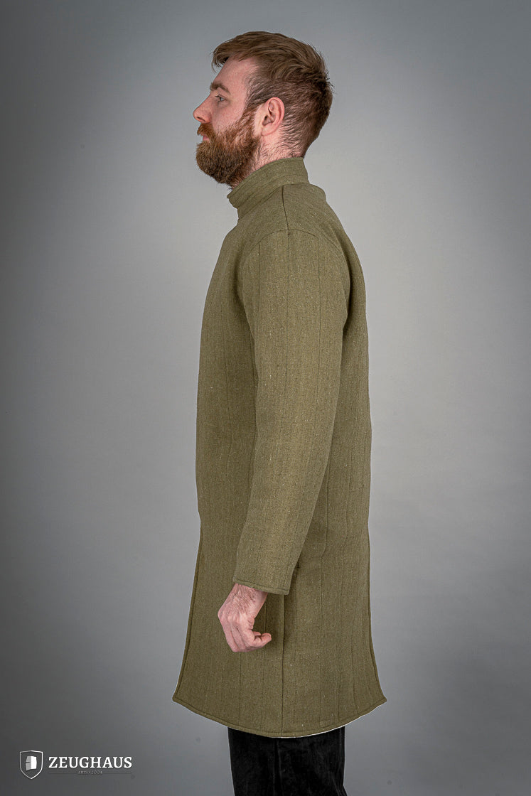 Infantry Gambeson Green featuring neck button closure and slits for mobility, made of 100% cotton with linen pattern.