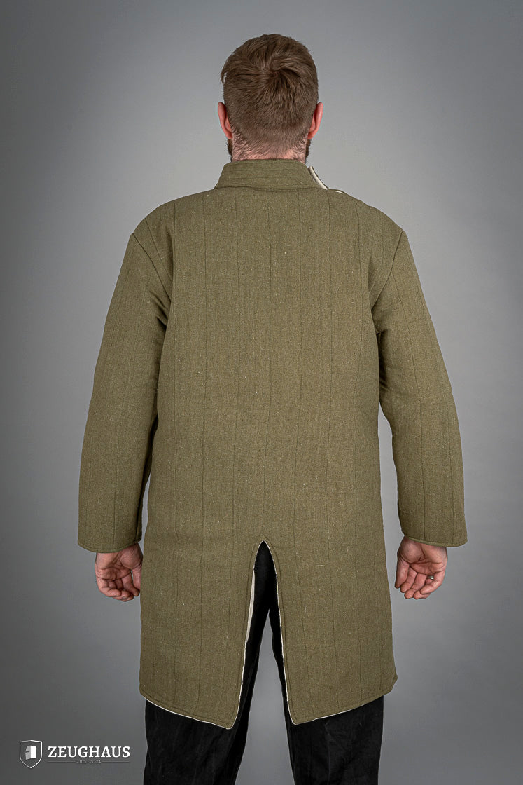 Infantry Gambeson Green featuring neck button closure and slits for mobility, made of 100% cotton with linen pattern.