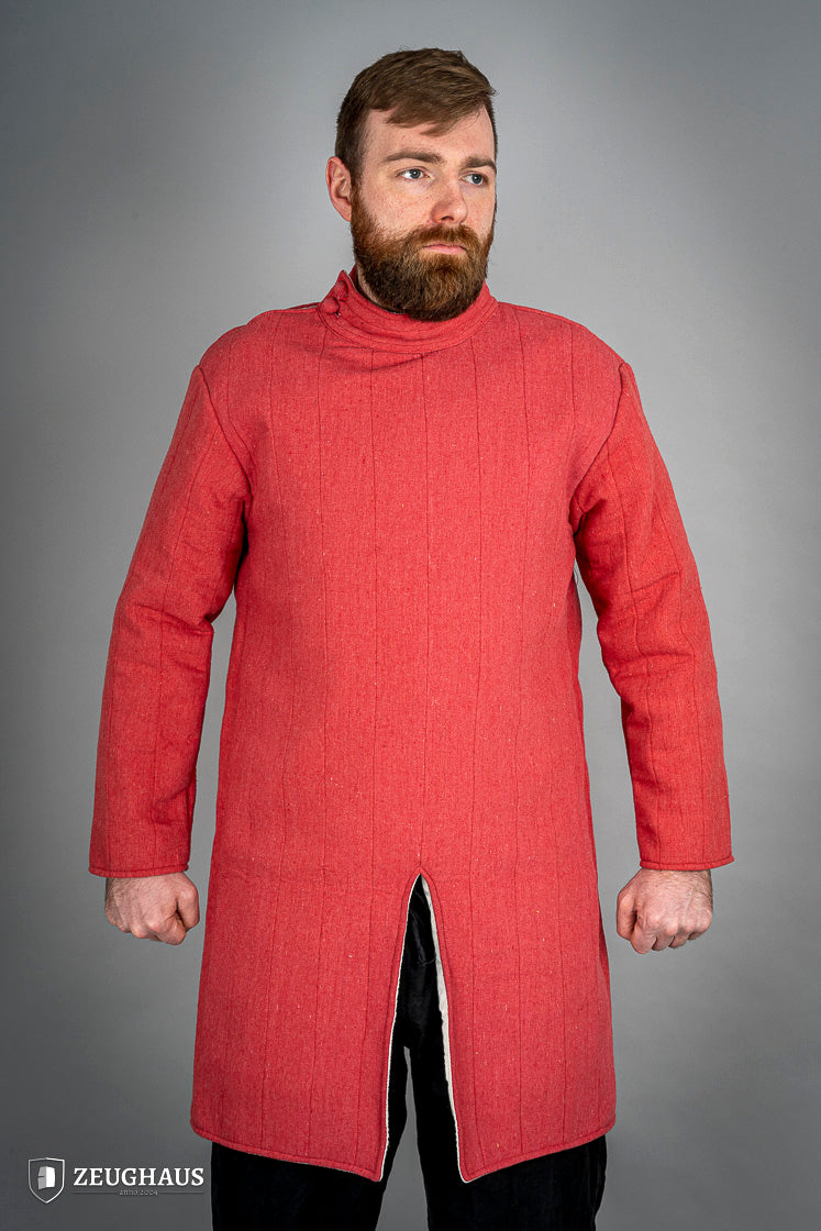Infantry Gambeson Red featuring a neck button closure, slits for mobility, and made of 100% cotton with a linen pattern.