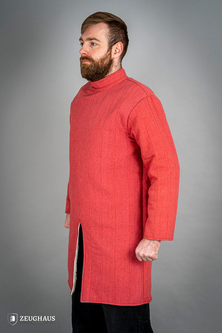 Infantry Gambeson Red featuring a neck button closure, slits for mobility, and made of 100% cotton with a linen pattern.
