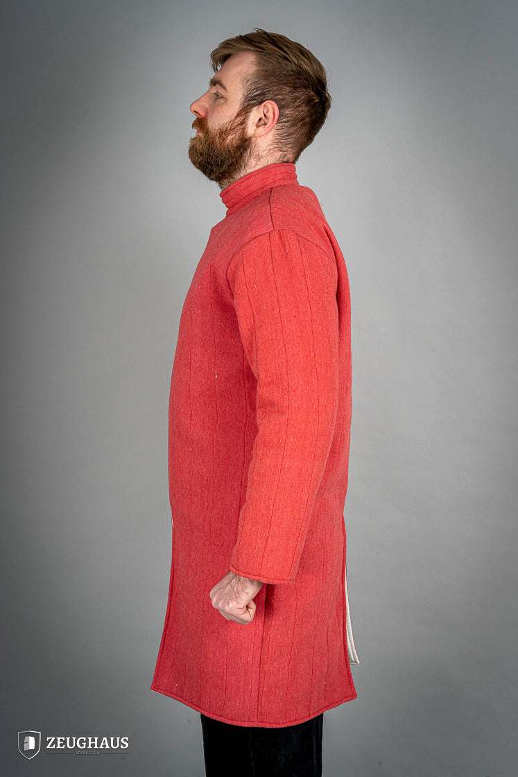 Infantry Gambeson Red featuring a neck button closure, slits for mobility, and made of 100% cotton with a linen pattern.