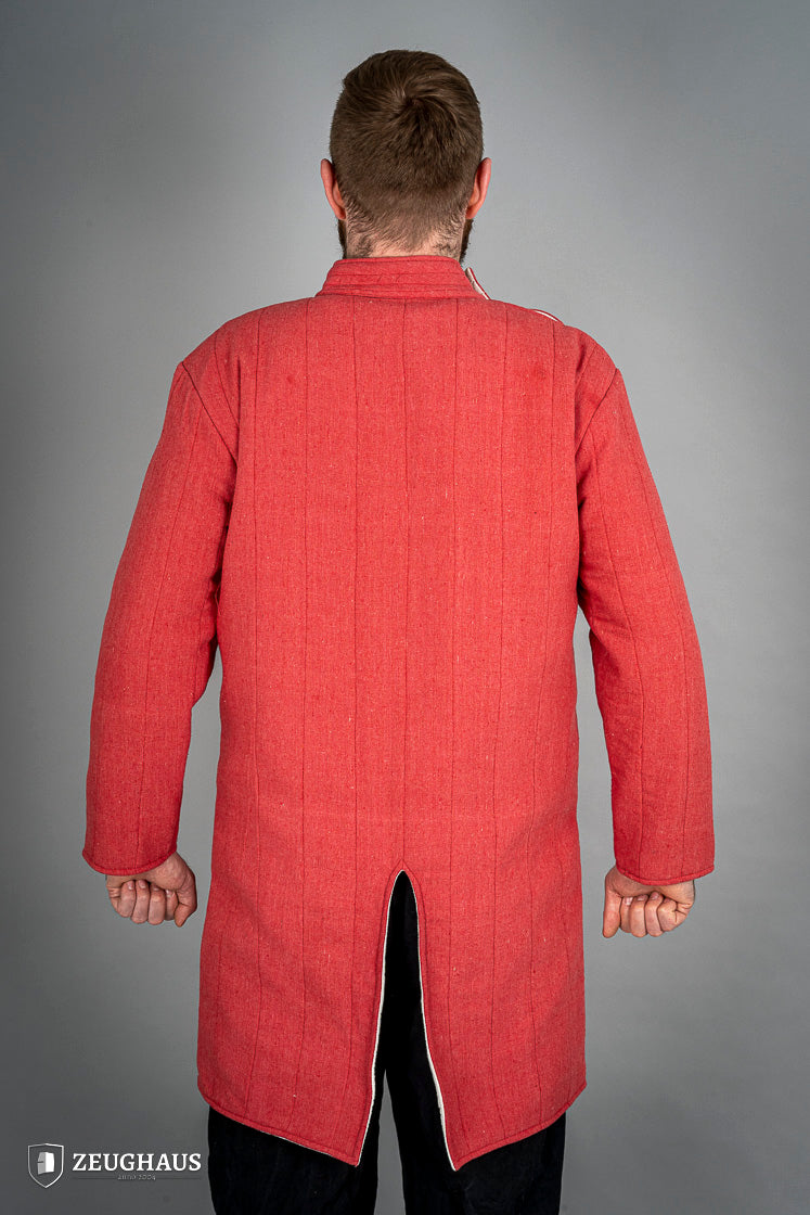 Infantry Gambeson Red featuring a neck button closure, slits for mobility, and made of 100% cotton with a linen pattern.