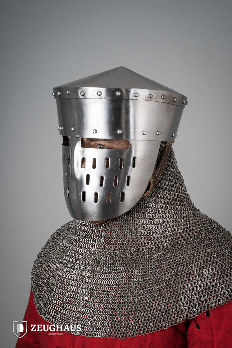 Kalota Helmet featuring a polished 1.6mm finish, adjustable leather lining, and chin belt, designed for comfort and historical authenticity.