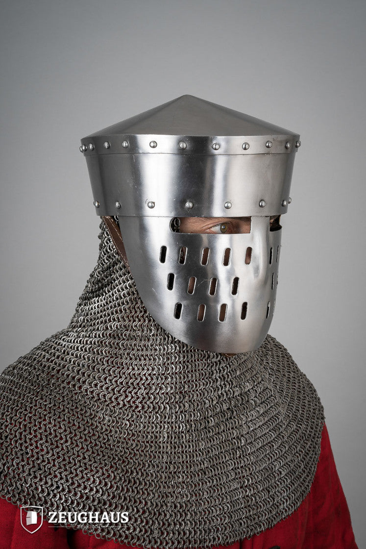 Kalota Helmet featuring a polished 1.6mm finish, adjustable leather lining, and chin belt, designed for comfort and historical authenticity.