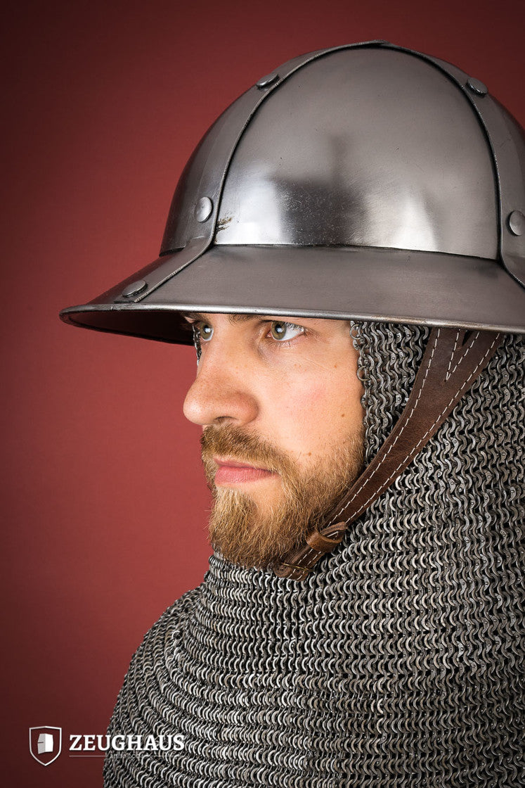 Kettle Hat 1.6mm Polished, an iron medieval helmet with a shiny finish, featuring adjustable leather lining and rust-proof coating.