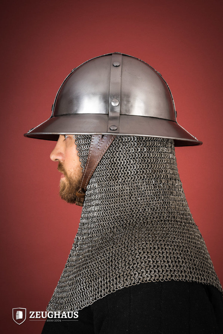 Kettle Hat 1.6mm Polished, an iron medieval helmet with a shiny finish, featuring adjustable leather lining and rust-proof coating.