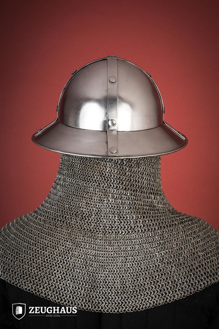 Kettle Hat 1.6mm Polished, an iron medieval helmet with a shiny finish, featuring adjustable leather lining and rust-proof coating.