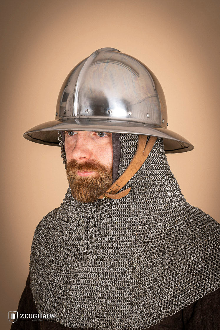 A polished 2 mm steel Kettle Hat Helmet, showcasing its medieval design and leather chin strap, suitable for historical reenactments.