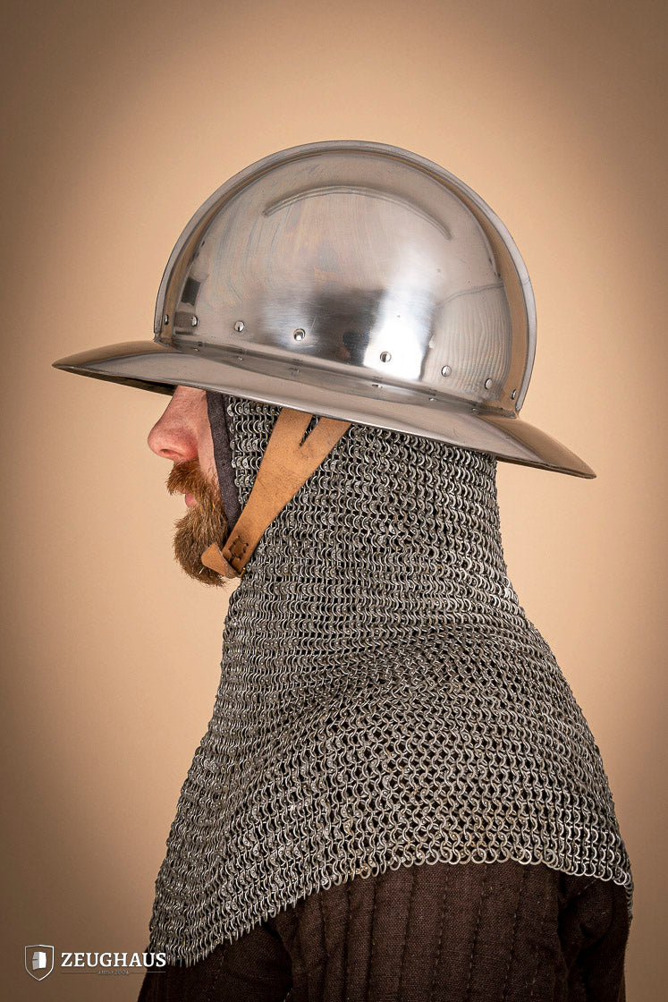 A polished 2 mm steel Kettle Hat Helmet, showcasing its medieval design and leather chin strap, suitable for historical reenactments.
