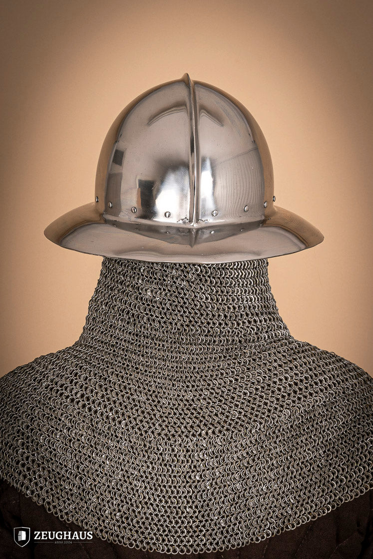 A polished 2 mm steel Kettle Hat Helmet, showcasing its medieval design and leather chin strap, suitable for historical reenactments.