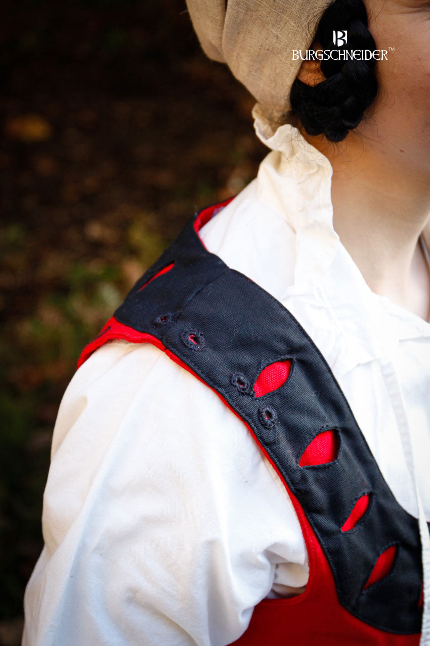 Landsknecht Bodice Flora in Red and Black featuring intricate embroidery and decorative sleeves, perfect for unique costume designs.