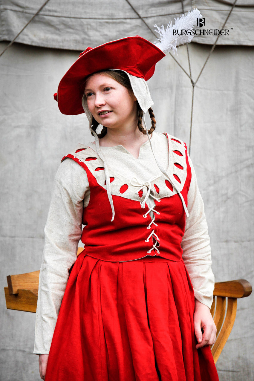 Landsknecht Bodice Flora in Red/Natural featuring intricate embroidery and a wide neckline, perfect for historical costumes.