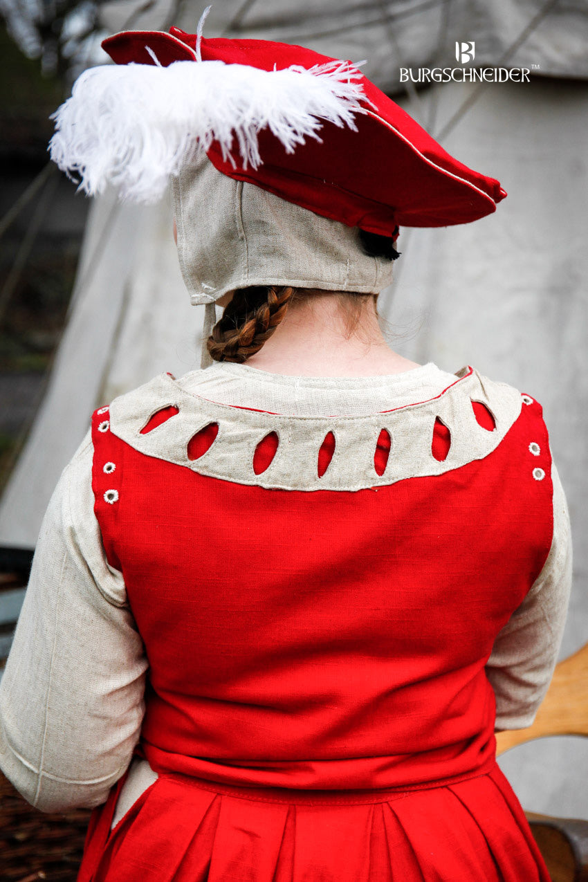 Landsknecht Bodice Flora in Red/Natural featuring intricate embroidery and a wide neckline, perfect for historical costumes.