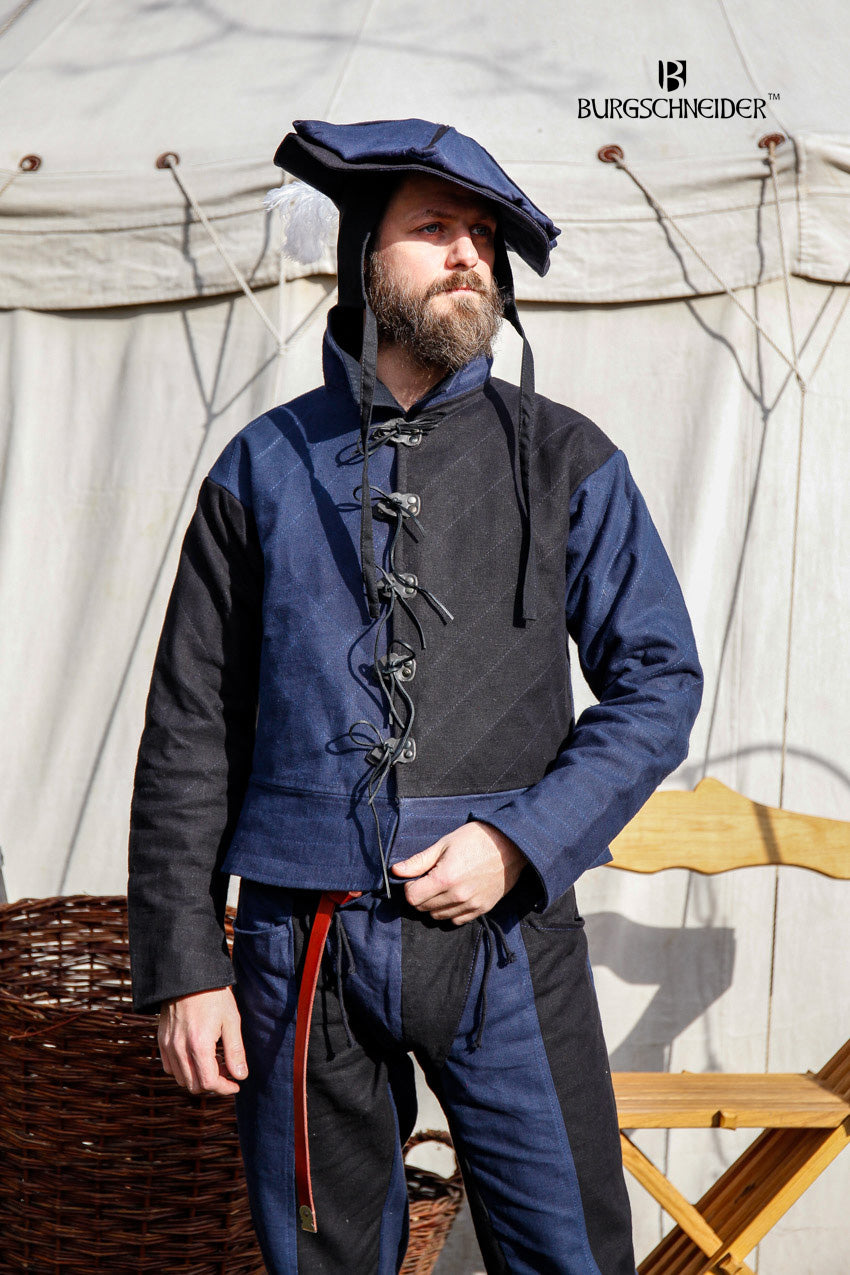 Landsknecht Jerkin Imperialis in blue and black, featuring a standing collar and laced front openings, made from durable linen blended fabric.