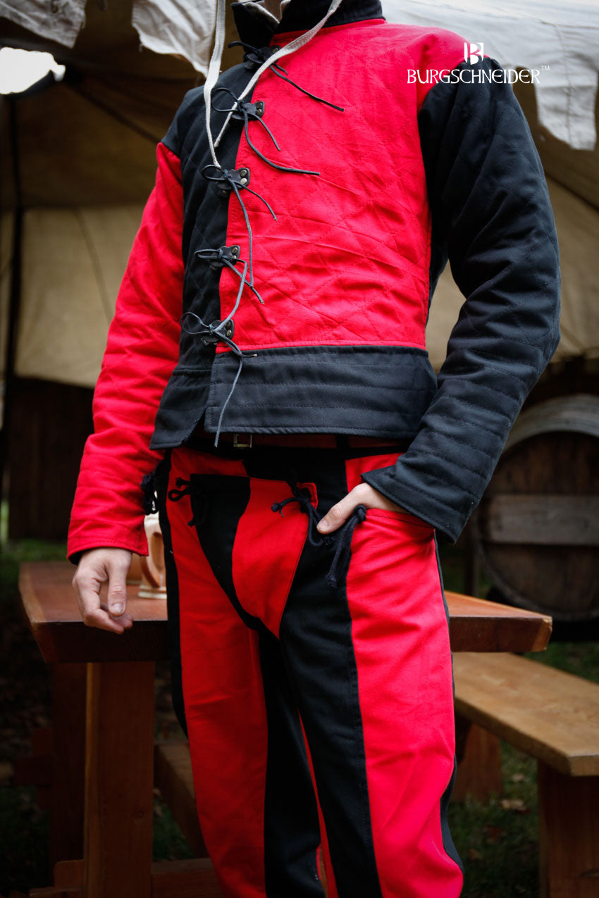 Landsknecht Pants Imperialis in Red and Black, featuring a modular design with nesting ribbons and functional pockets.