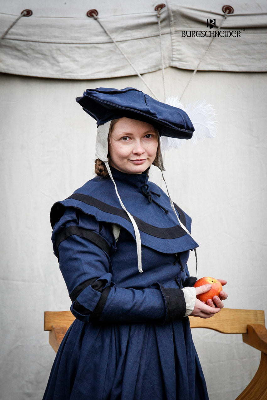 Landsknecht Pellerine Flora in blue and black, featuring a stylish collar, lacing, and contrasting white stripe, perfect for costume ensembles.