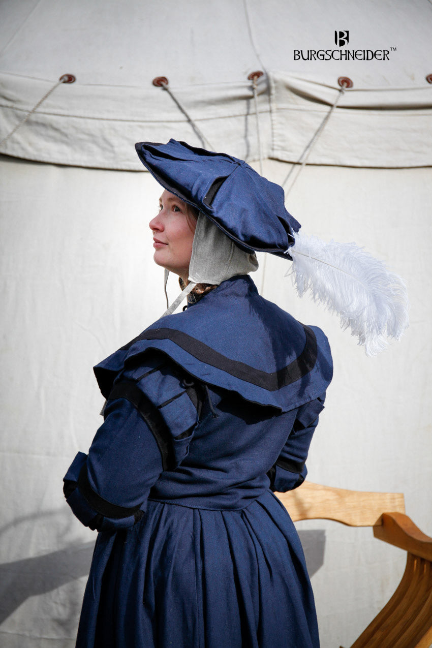 Landsknecht Pellerine Flora in blue and black, featuring a stylish collar, lacing, and contrasting white stripe, perfect for costume ensembles.