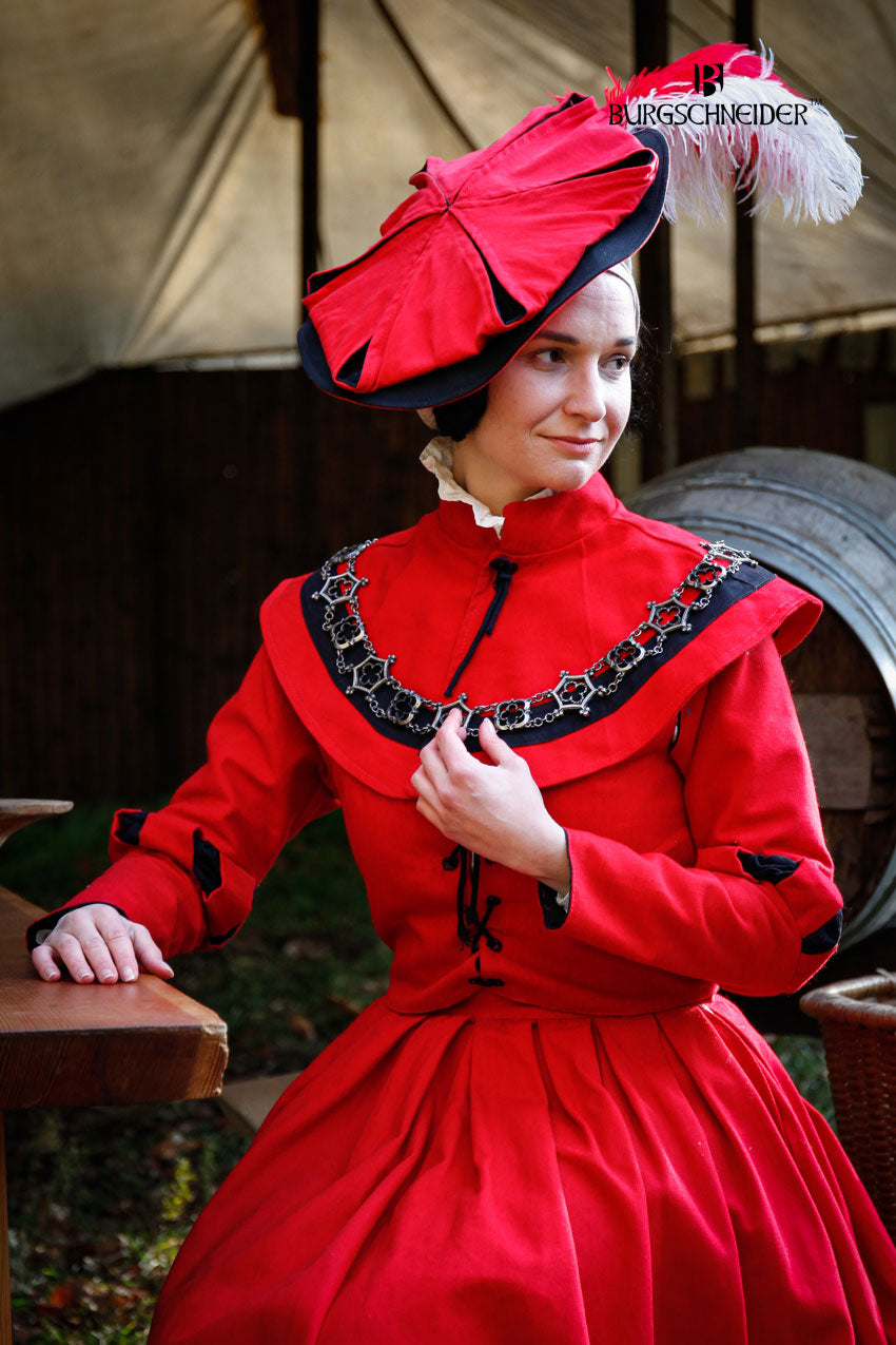 Landsknecht Pellerine Flora in red and black with collar and lacing, showcasing traditional design and craftsmanship.