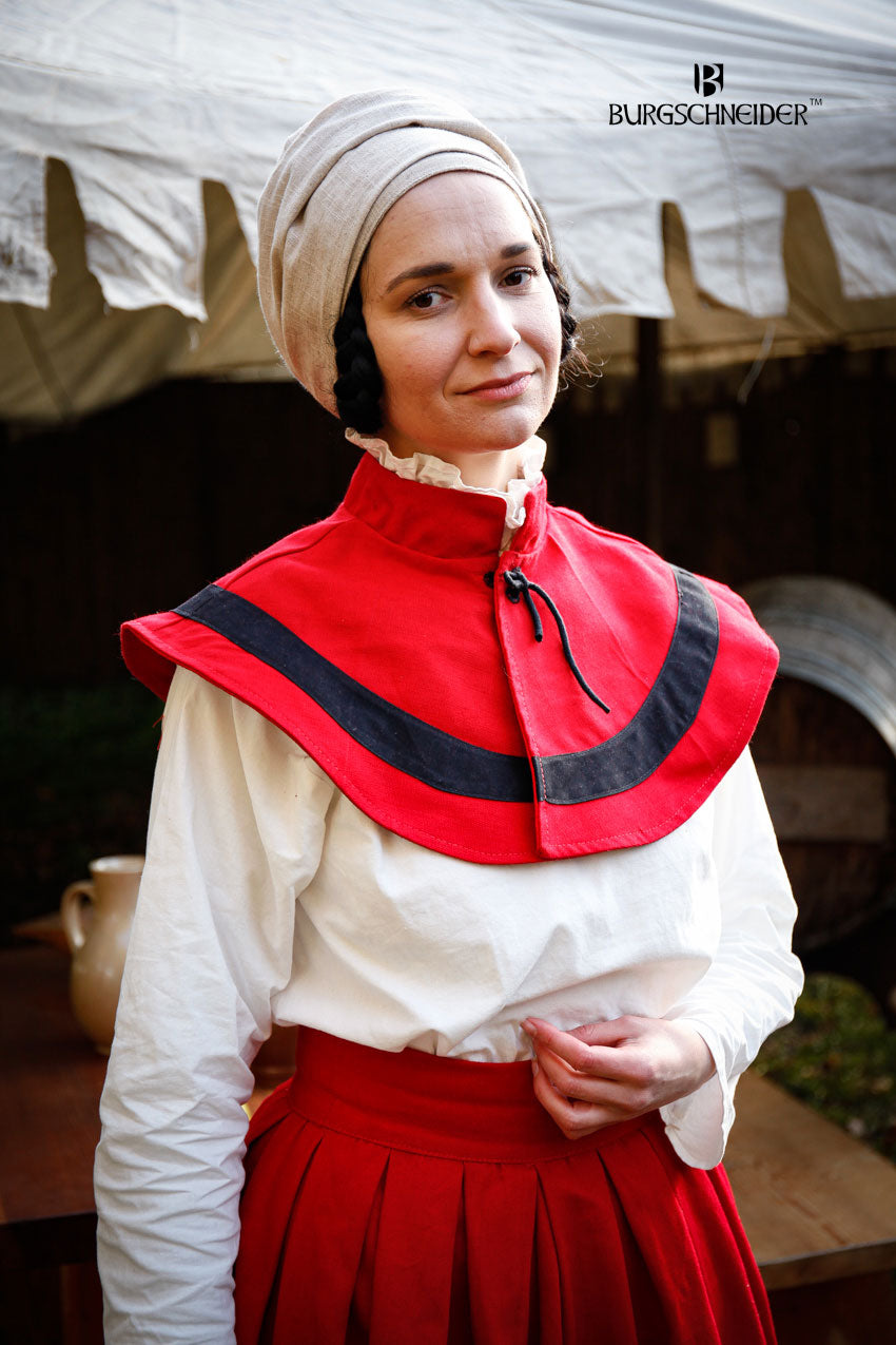 Landsknecht Pellerine Flora in red and black with collar and lacing, showcasing traditional design and craftsmanship.