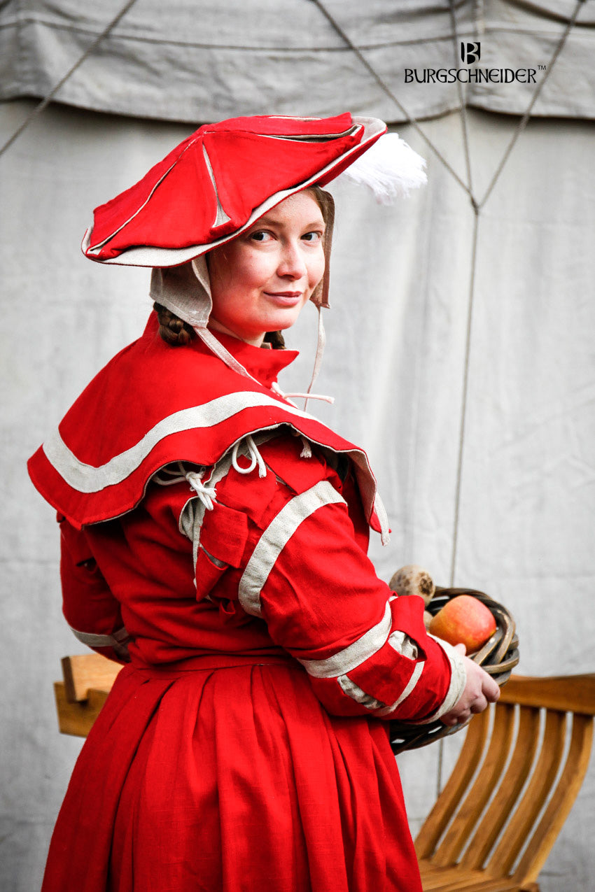 Landsknecht Pellerine Flora in Red and Natural colors, featuring a stylish collar and lacing, perfect for costume ensembles.
