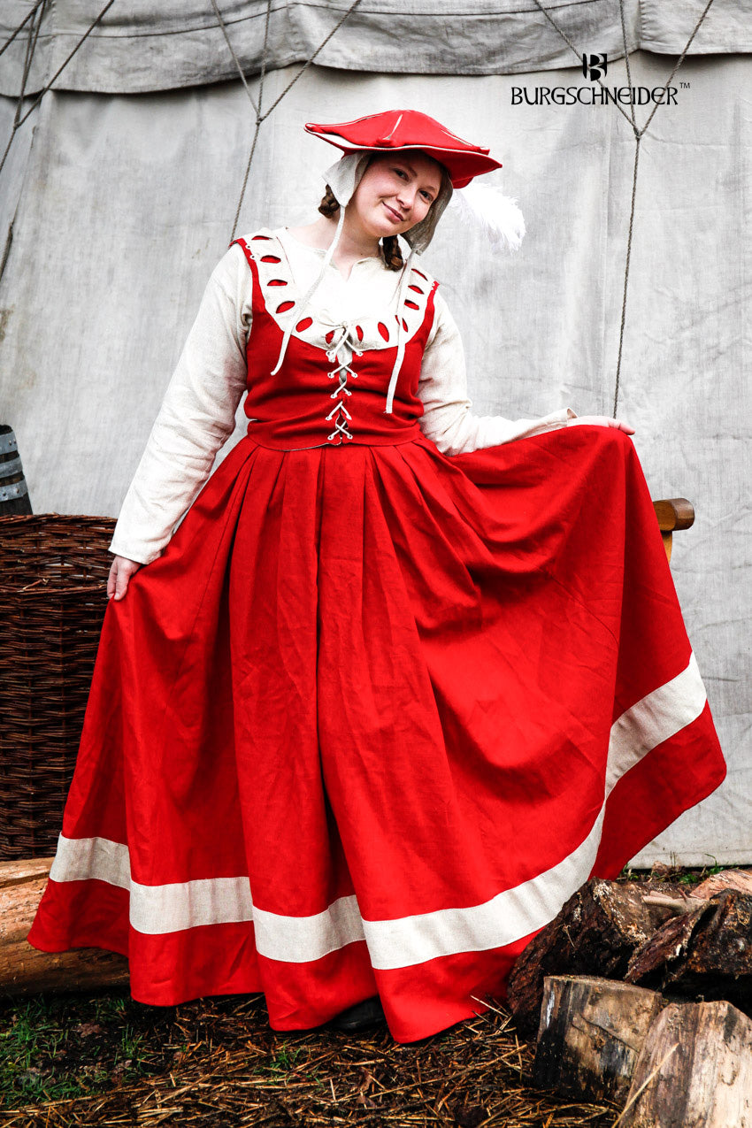 Landsknecht Skirt Flora in Red/Natural with decorative stripe at the hem, showcasing its flowing design and adjustable waistband.