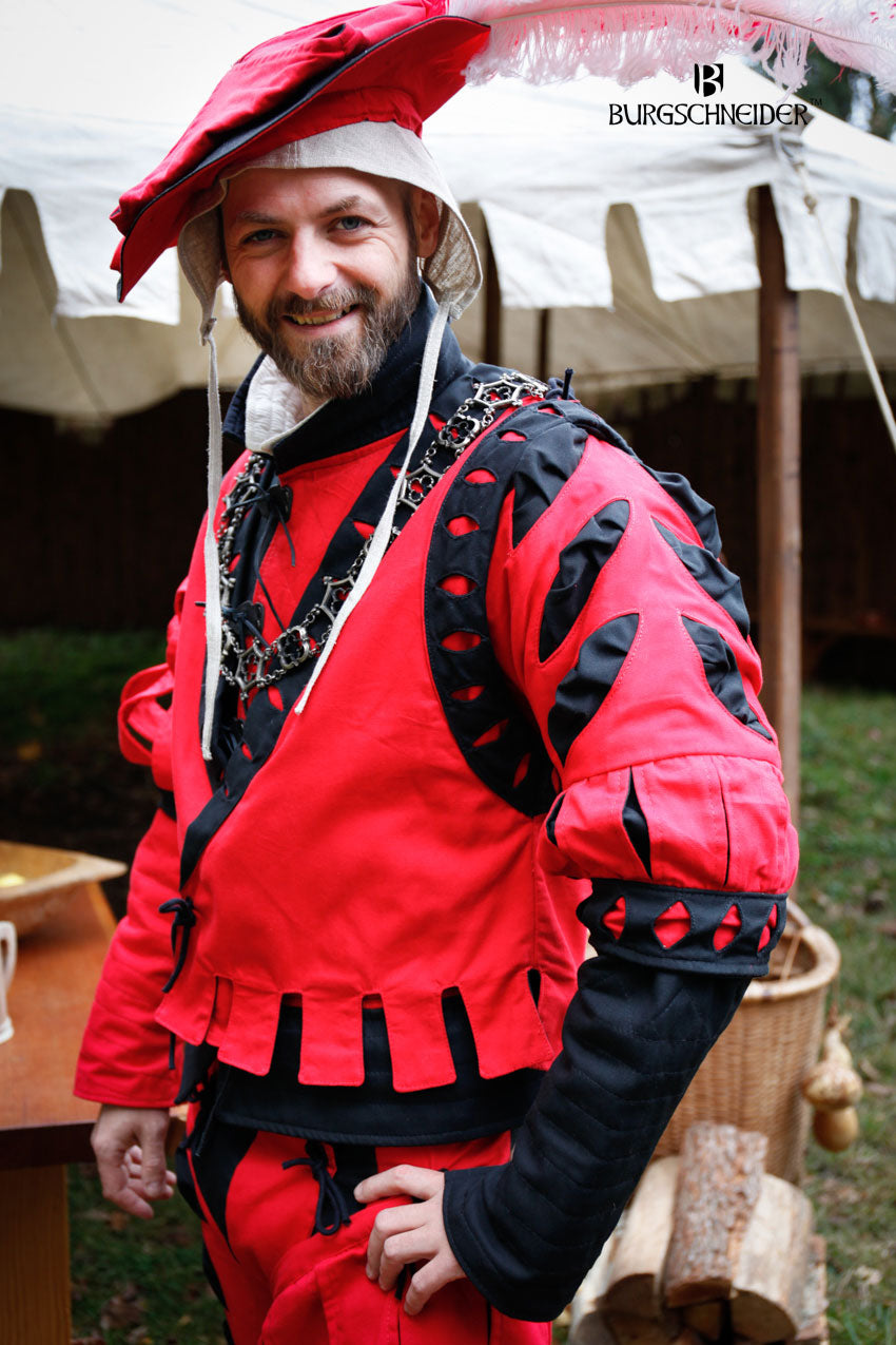 Landsknecht Sleeve Cuts in red and black, featuring intricate cut patterns and hand-stitched nestel holes, designed for modular costume styling.