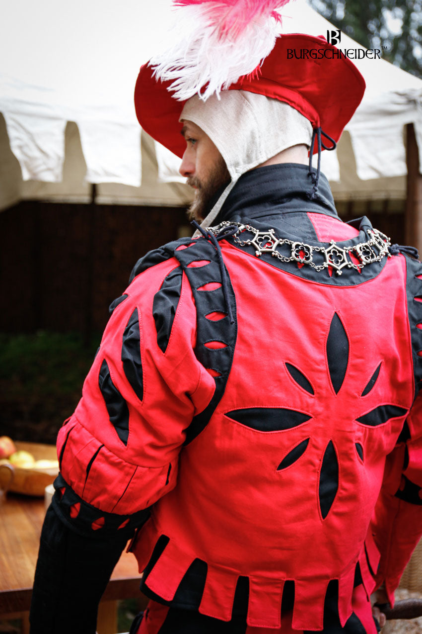 Landsknecht Sleeve Cuts in red and black, featuring intricate cut patterns and hand-stitched nestel holes, designed for modular costume styling.