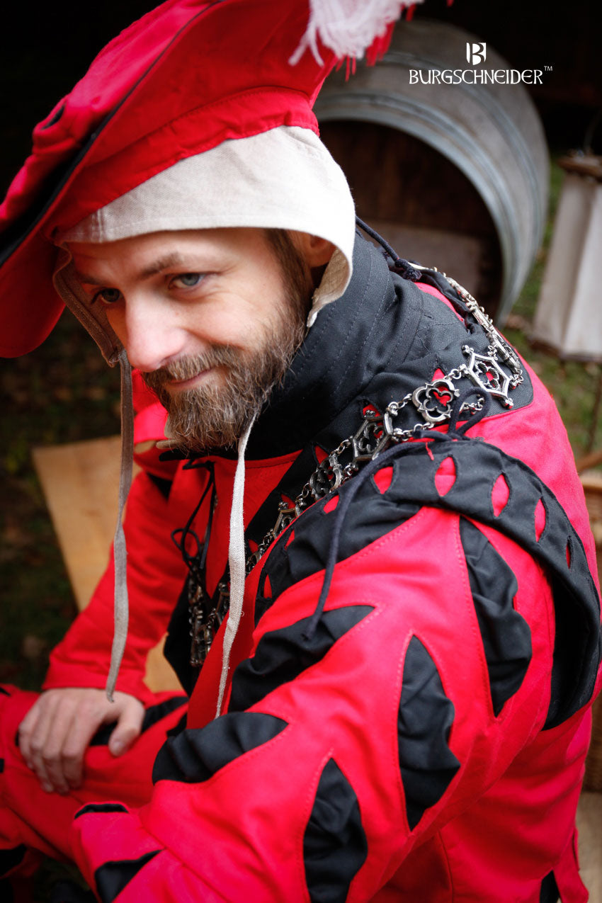 Landsknecht Sleeve Cuts in red and black, featuring intricate cut patterns and hand-stitched nestel holes, designed for modular costume styling.