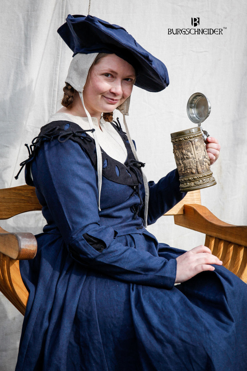 Landsknecht Sleeves Cuts Flora in Blue and Black, featuring intricate designs and nestel cords for costume attachment.