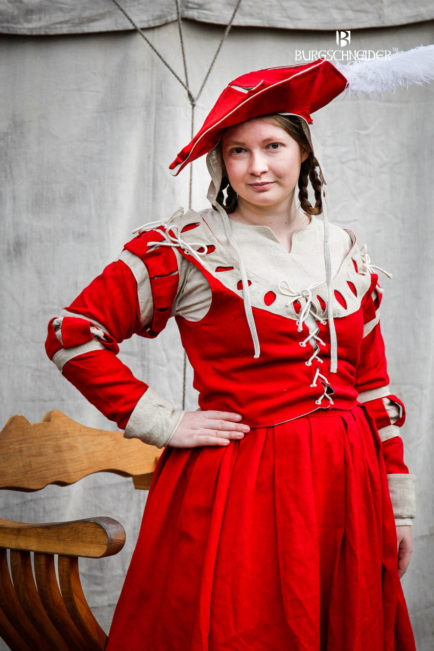 Landsknecht Sleeves Stripes Flora in vibrant red and natural colors, featuring hand-stitched details and nestel cords for attachment.