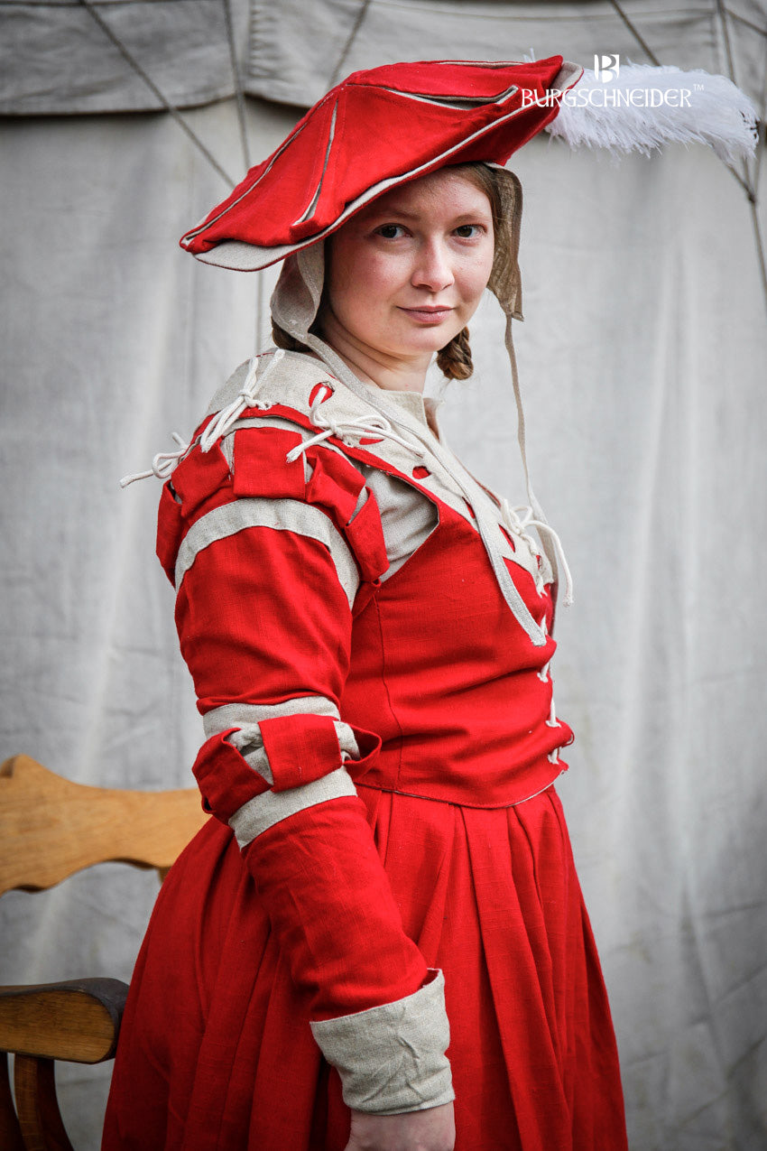 Landsknecht Sleeves Stripes Flora in vibrant red and natural colors, featuring hand-stitched details and nestel cords for attachment.