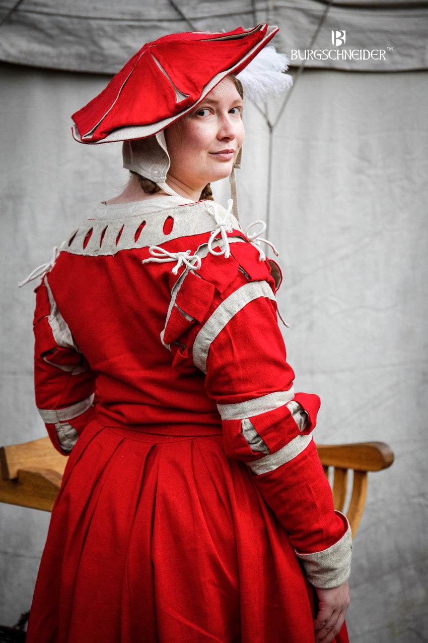 Landsknecht Sleeves Stripes Flora in vibrant red and natural colors, featuring hand-stitched details and nestel cords for attachment.