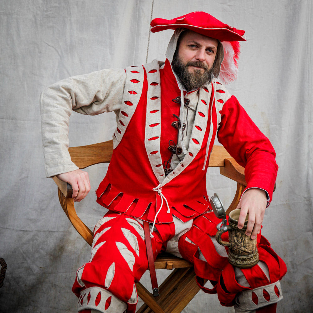 Landsknecht Vest Imperialis in Red/Natural with lace front closure and decorative slits, showcasing its unique design and quality fabric.