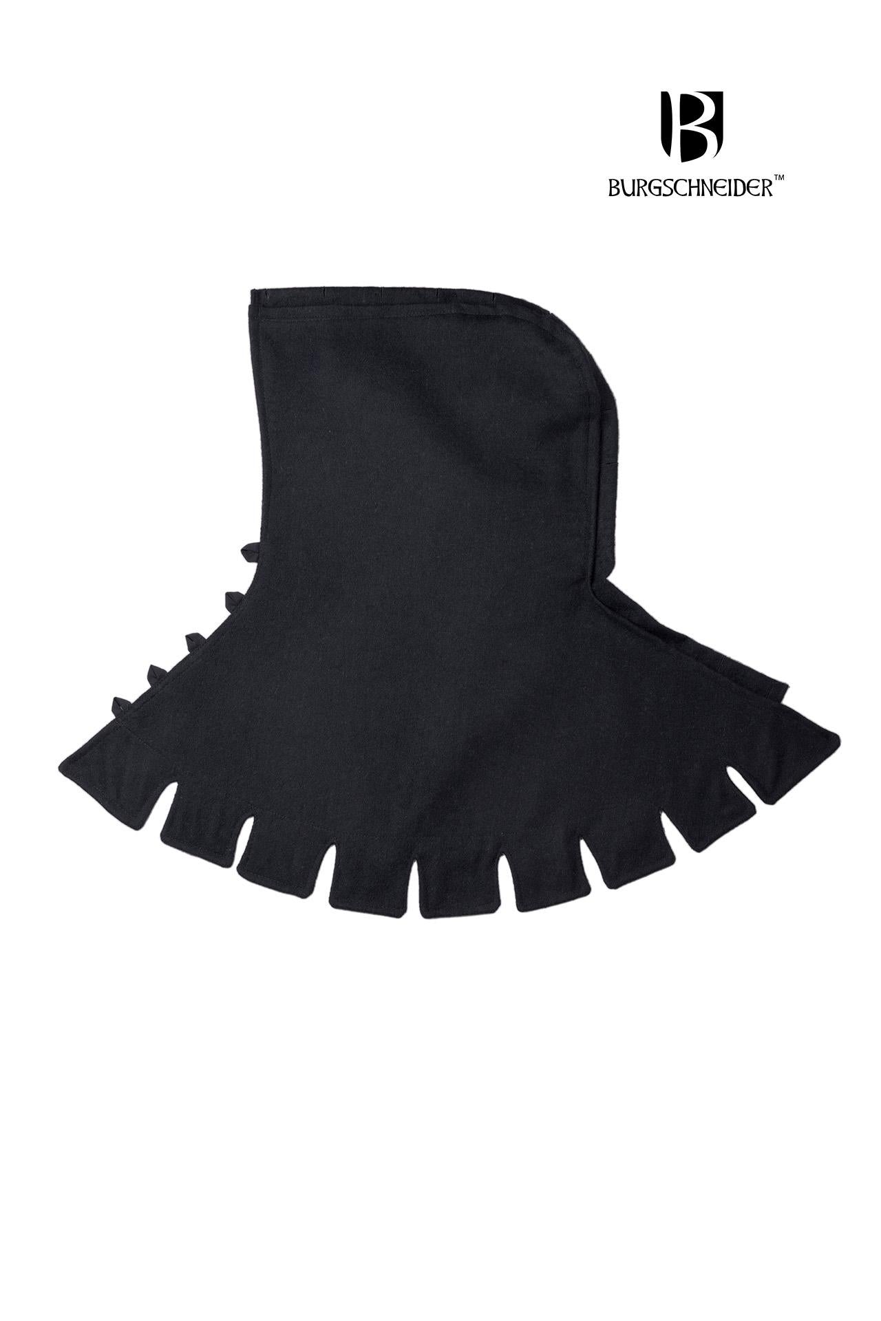 Left Side Cowl Dangereuse in black, featuring a close-fitting hood, rustic wooden buttons, and elegant crenelated pinnacles.