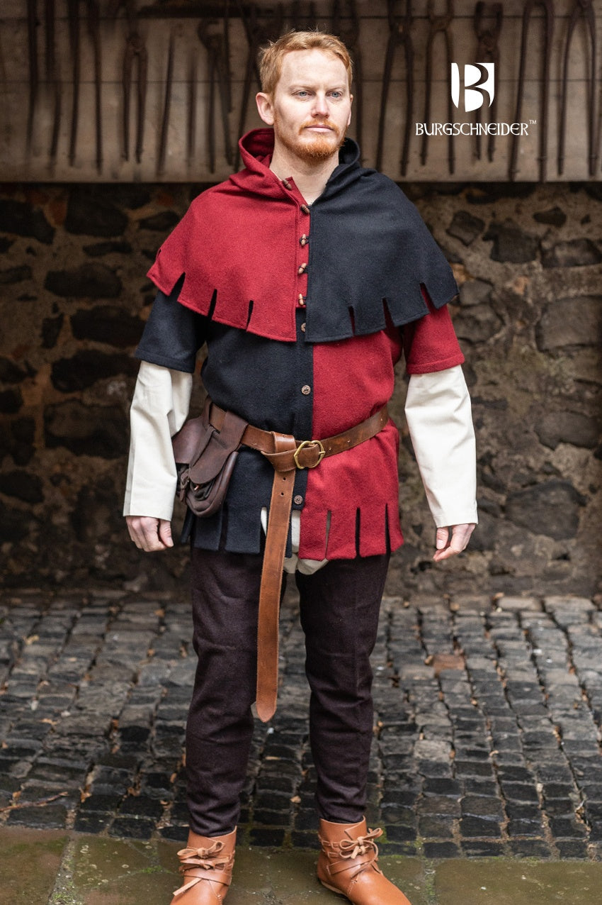 Left Side Cowl Dangereuse in black, featuring a close-fitting hood, rustic wooden buttons, and elegant crenelated pinnacles.