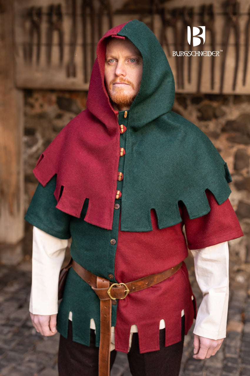 Left Side Cowl Dangereuse Green featuring a close-fitting hood, rustic wooden buttons, and crenelated pinnacles, made from sturdy wool fabric.