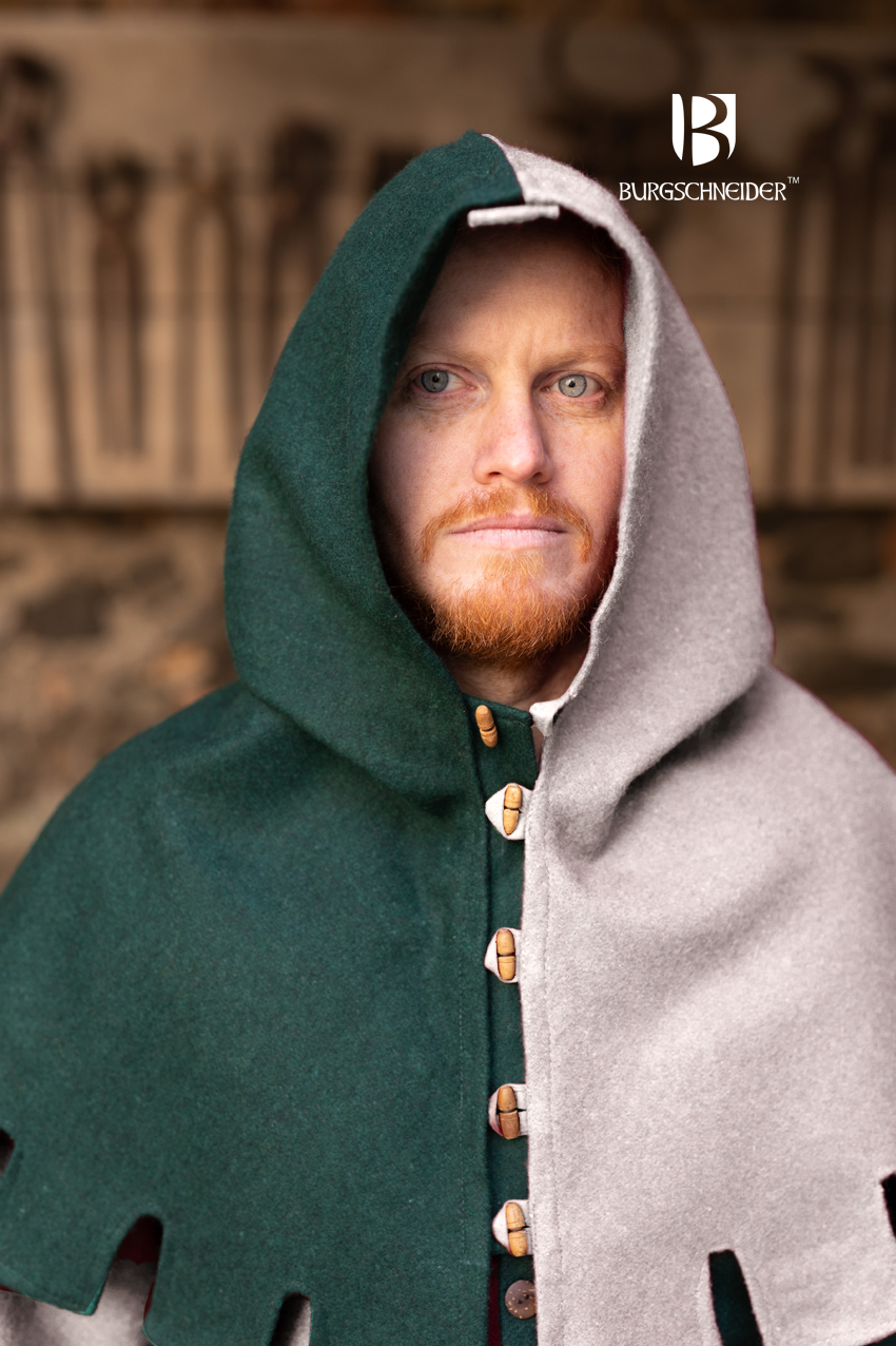 Left Side Cowl Dangereuse Natural, a medieval-inspired hood made of sturdy wool fabric with rustic wooden buttons and elegant crenelated design.