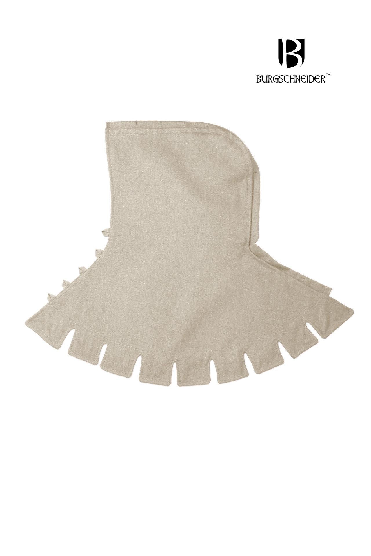 Left Side Cowl Dangereuse Natural, a medieval-inspired hood made of sturdy wool fabric with rustic wooden buttons and elegant crenelated design.