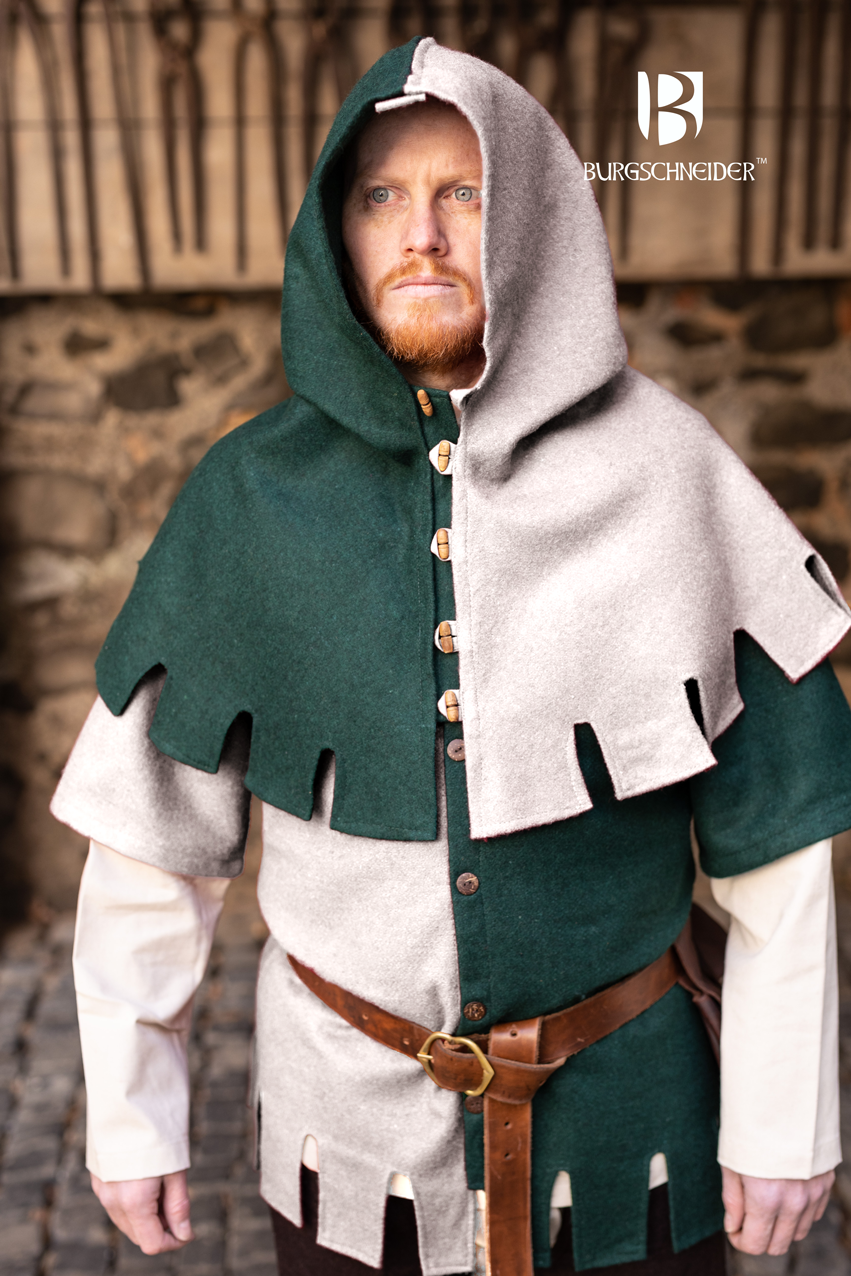 Left Side Cowl Dangereuse Natural, a medieval-inspired hood made of sturdy wool fabric with rustic wooden buttons and elegant crenelated design.