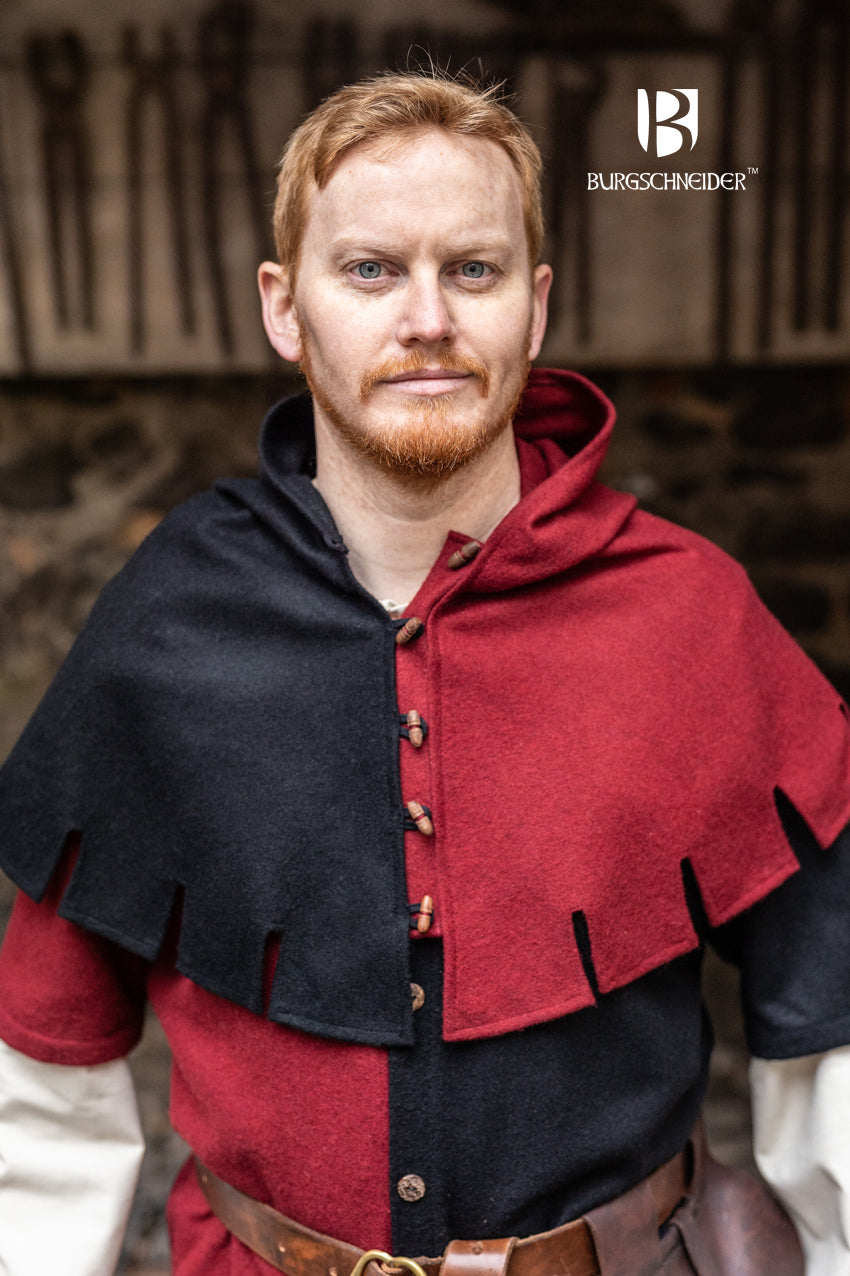Left Side Cowl Dangereuse in red, featuring a close-fitting hood, rustic wooden buttons, and elegant crenelated pinnacles, perfect for medieval-inspired outfits.