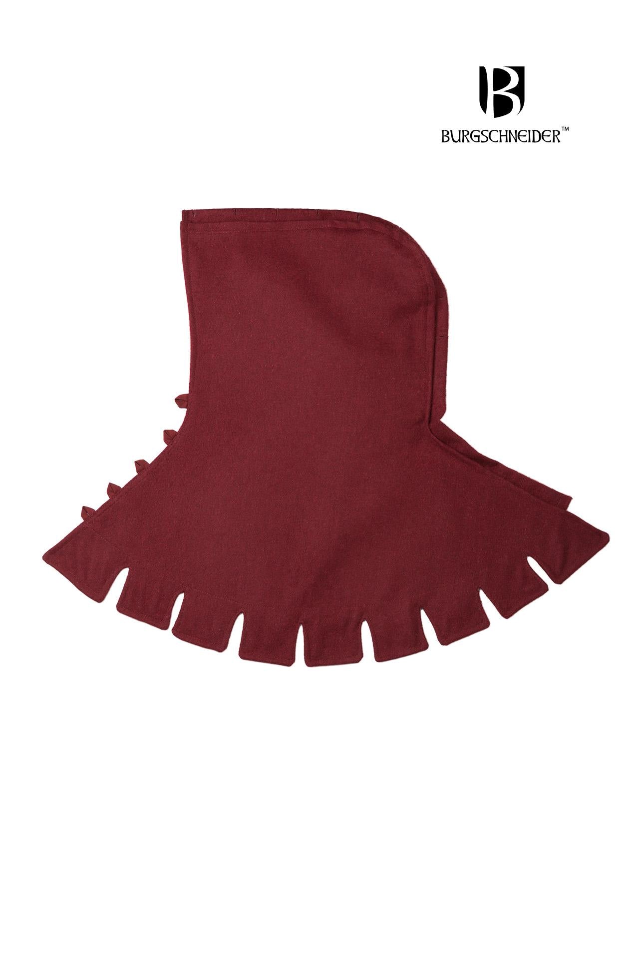 Left Side Cowl Dangereuse in red, featuring a close-fitting hood, rustic wooden buttons, and elegant crenelated pinnacles, perfect for medieval-inspired outfits.