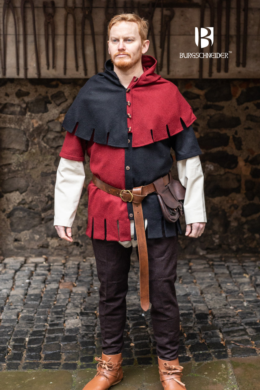 Left Side Cowl Dangereuse in red, featuring a close-fitting hood, rustic wooden buttons, and elegant crenelated pinnacles, perfect for medieval-inspired outfits.