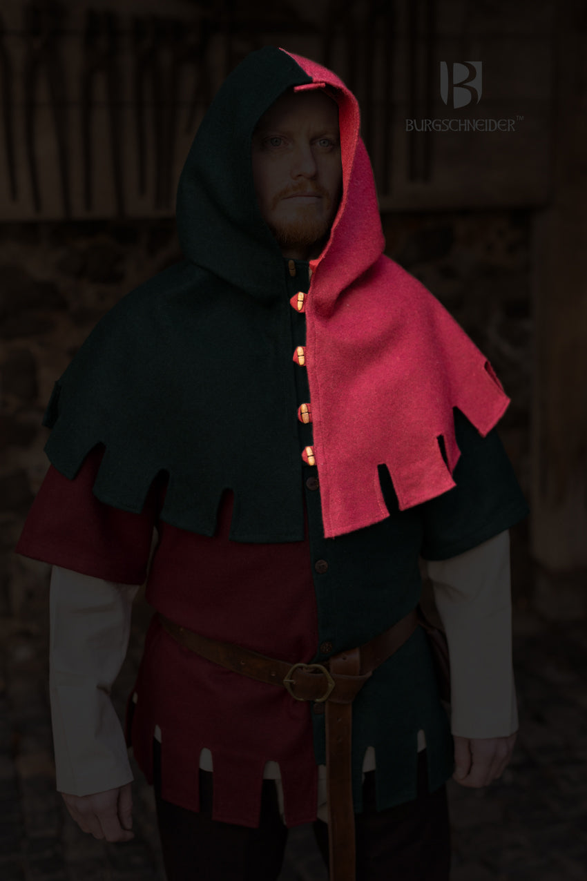 Left Side Cowl Dangereuse in red, featuring a close-fitting hood, rustic wooden buttons, and elegant crenelated pinnacles, perfect for medieval-inspired outfits.