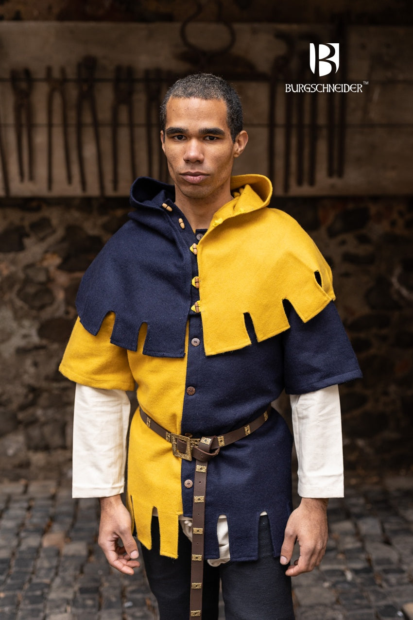 Left Side Cowl Dangereuse in vibrant yellow, featuring a close-fitting hood, rustic wooden buttons, and elegant crenelated design.